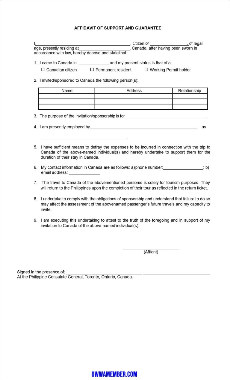 Affidavit Of Support And Guarantee In PH Consulate Toronto Canada