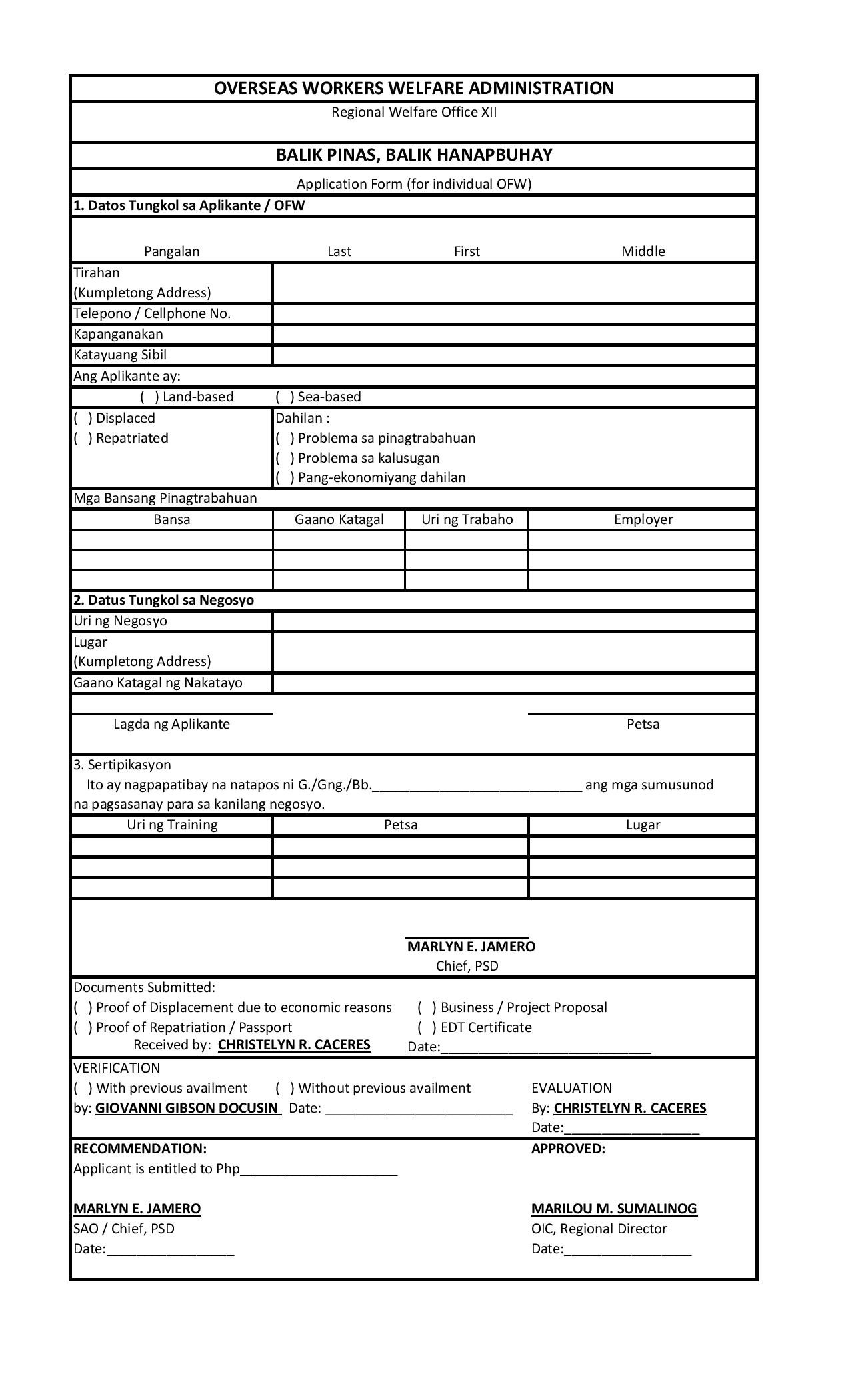 Balik Pinas Balik Hanapbuhay Application form