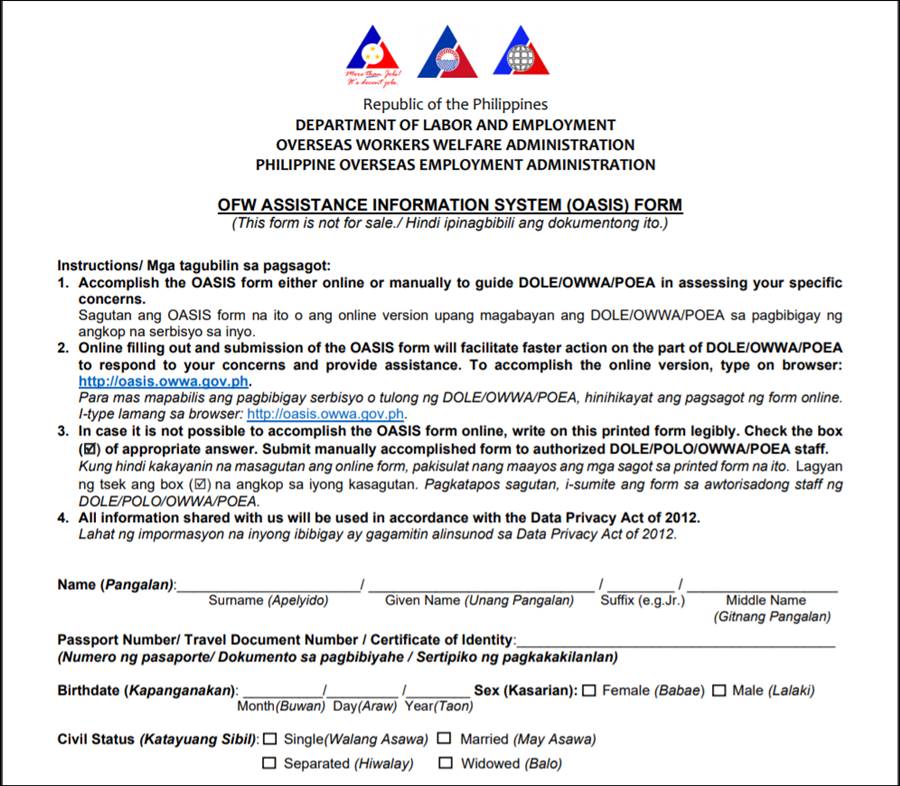 ofw OASIS form for repatriation