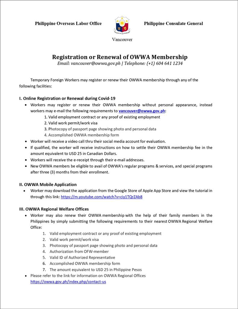 OWWA Vancouver guidelines for registration