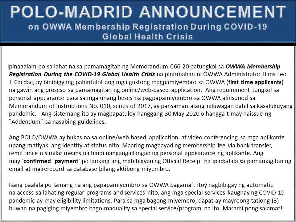 polo madrid owwa membership registration during covid-19 crisis