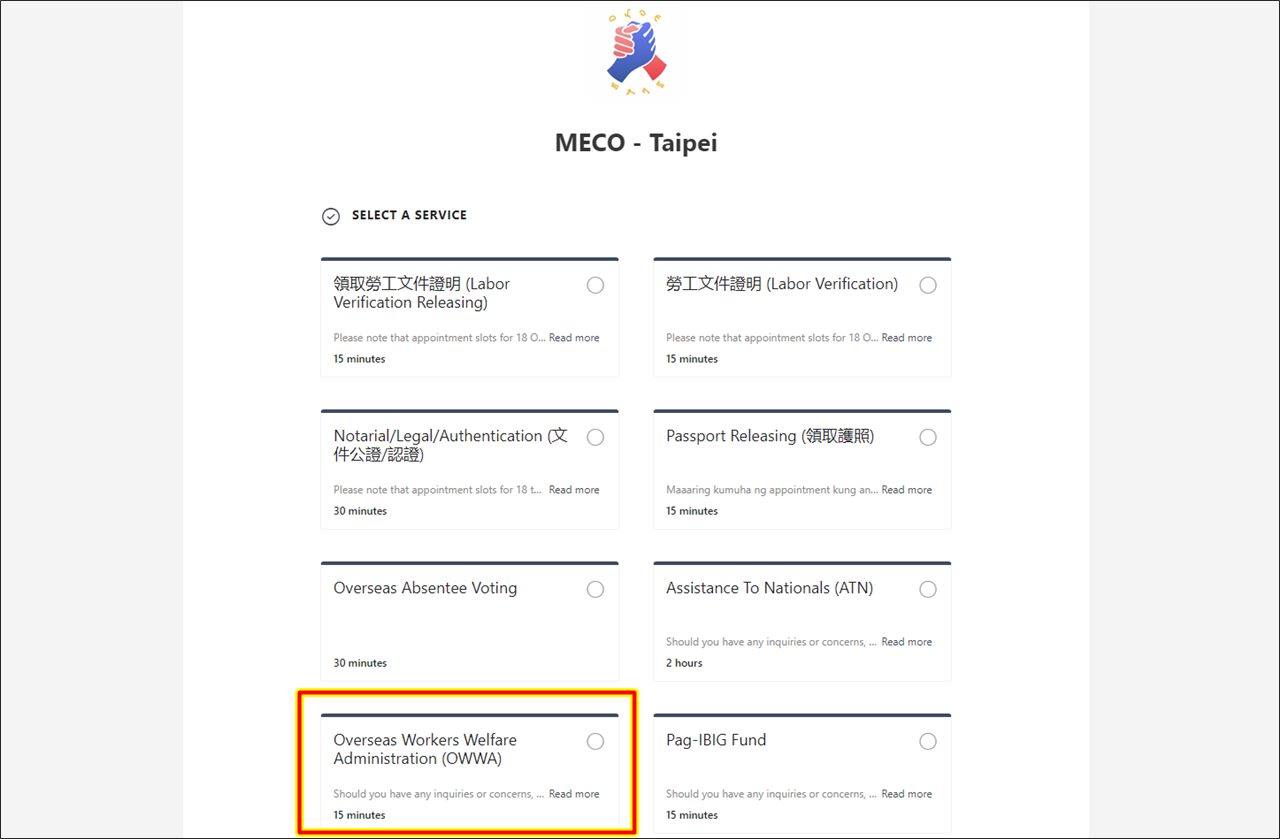 owwa appointment taipei meco office
