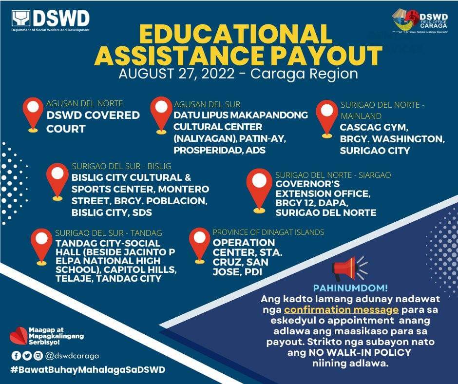 DSWD Educational Assistance Payout locations in CARAGA