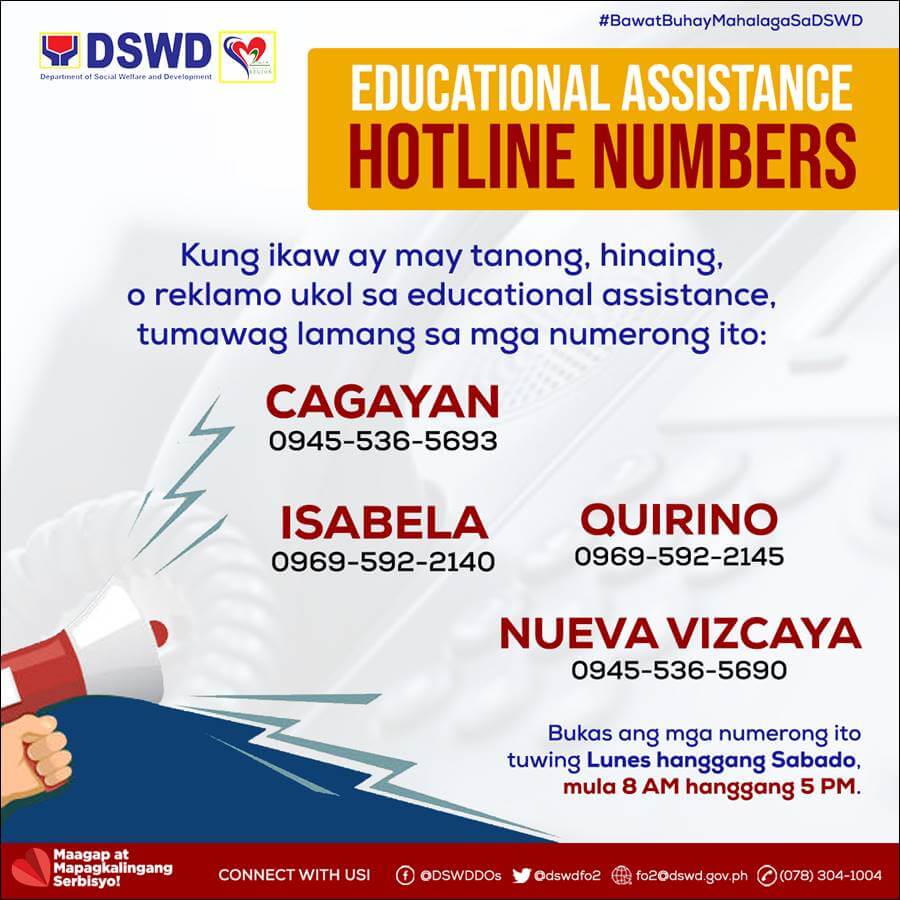 DSWD Region 2 Educational Assistance Hotline Numbers in Central Luzon