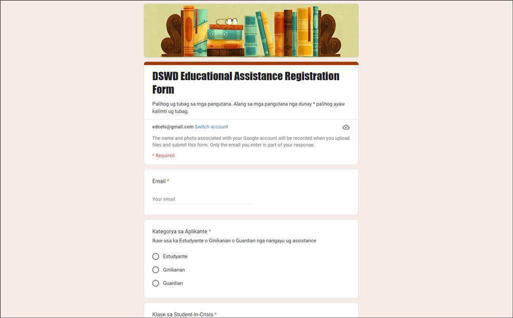 screenshot of CARAGA appointment form for AICS education assistance