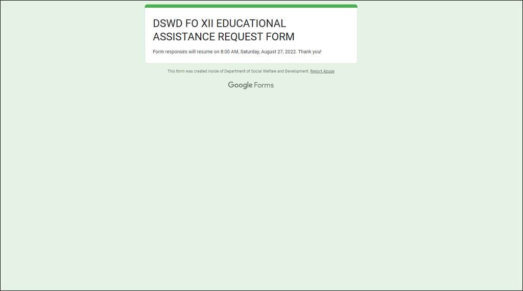screenshot of DSWD Field Office 12 online registration form for cash assistance