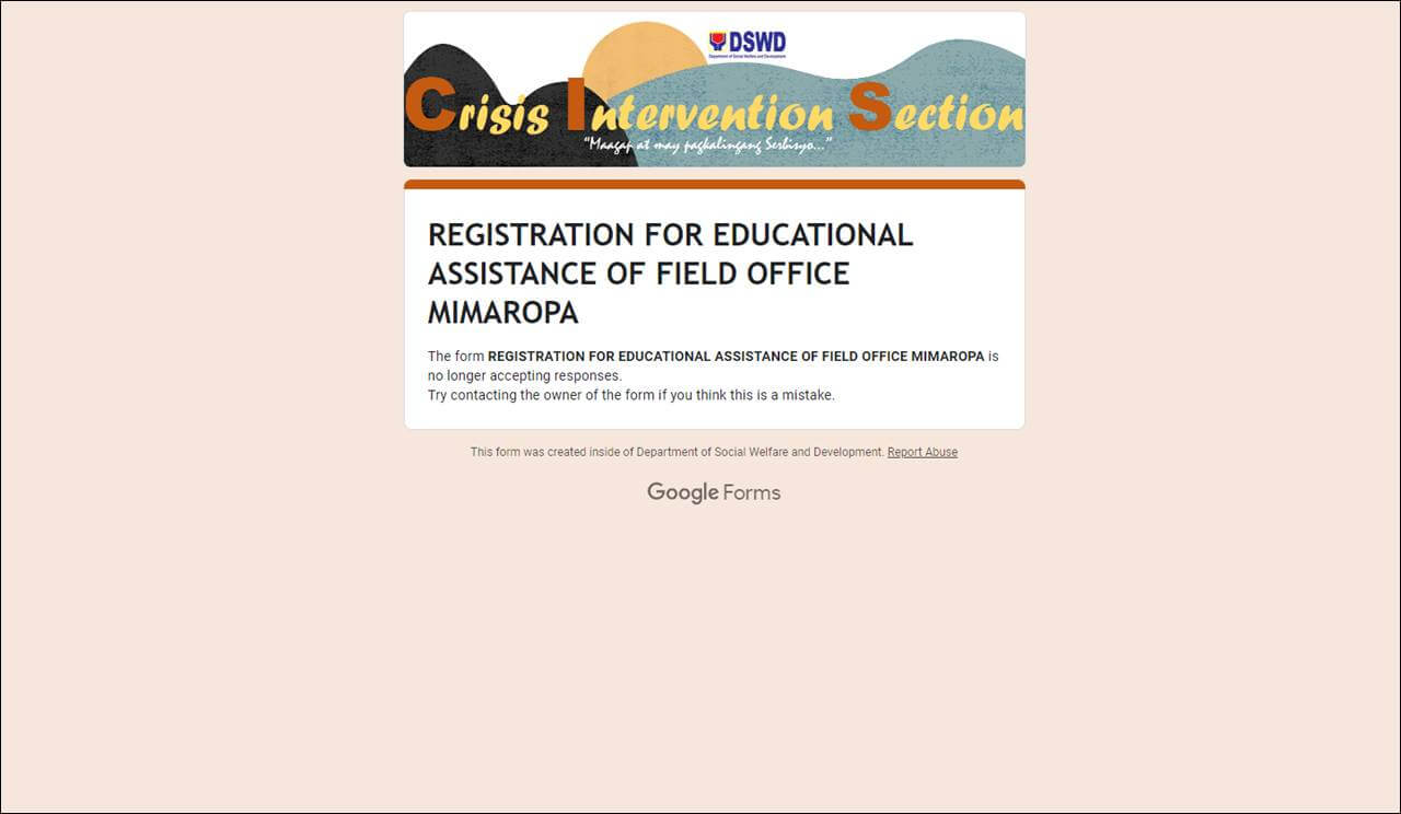 screenshot of Google form for online registration educational assistance in MIMAROPA