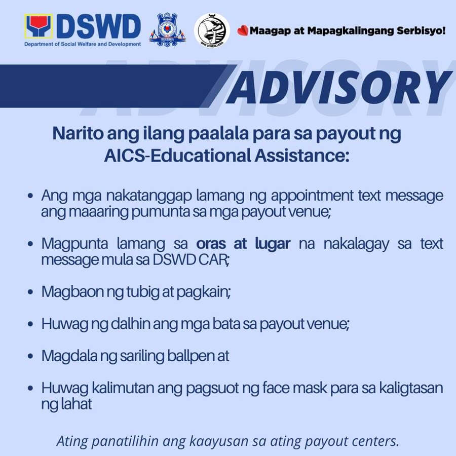 Advisory from CAR DSWD for AICS Education Assistance