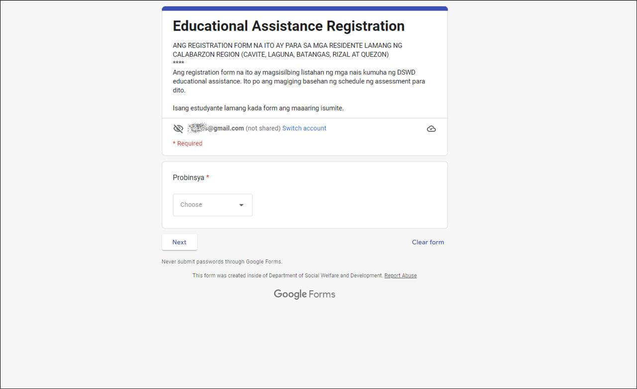 CALABARZON DSWD Educational Assistance Online Registration Form