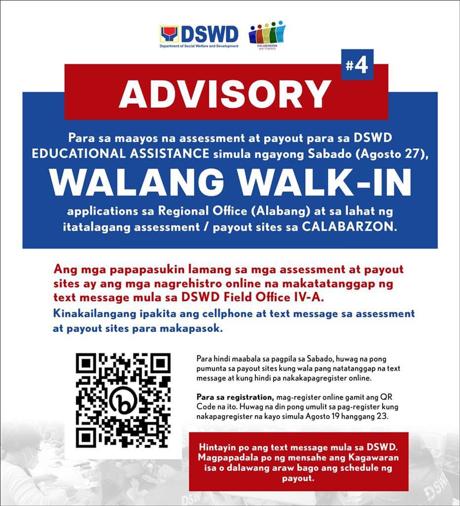 DSWD CALABARZON no walk in for educational assistance grant