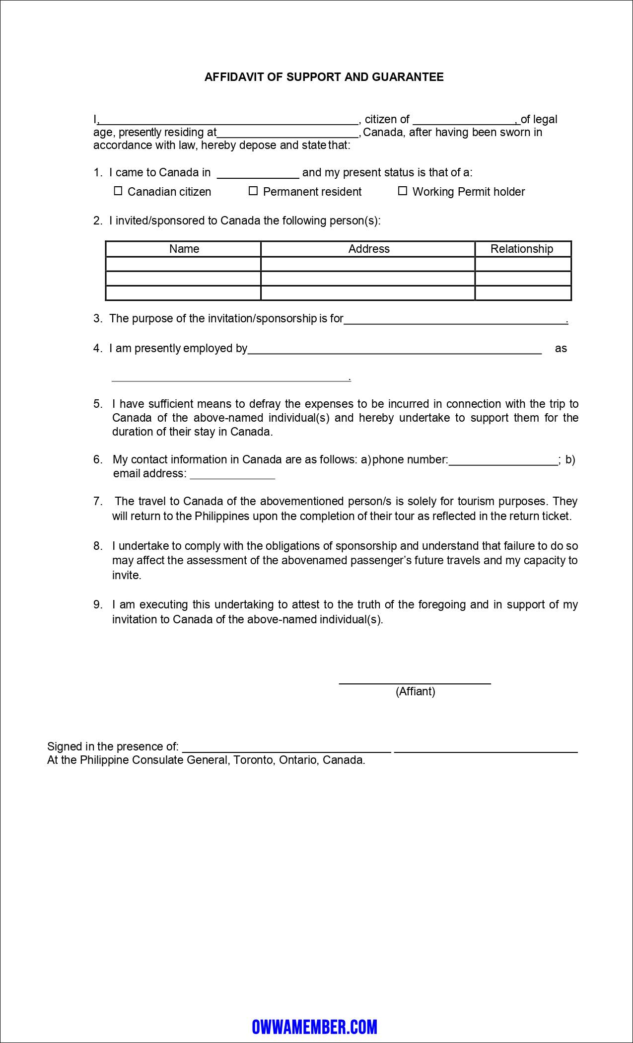 Affidavit of Support Guarantee Toronto Canada template form_page-0001