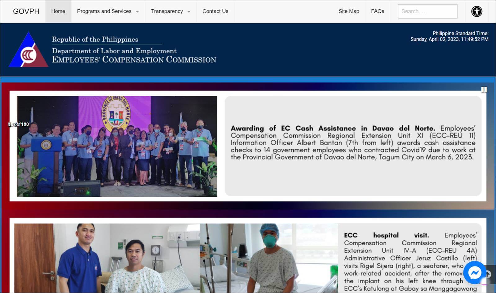 screenshot of ec cash assistance employment website