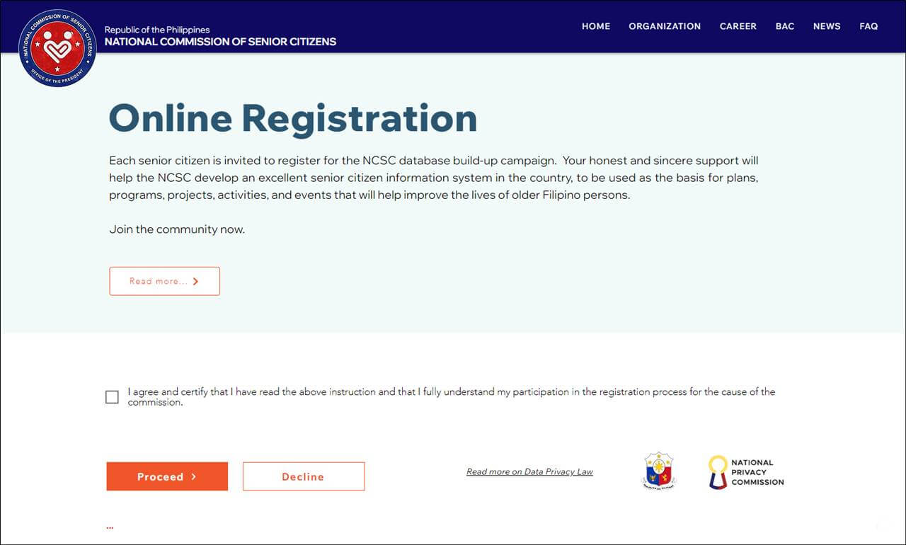 online registration ncsc for senior citizens