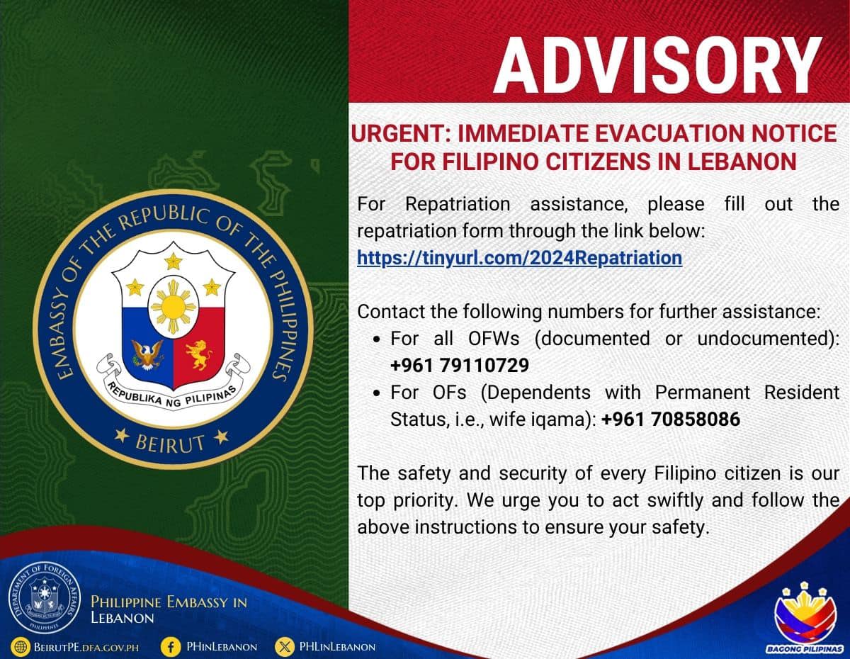 advisory to evacuate Lebanon to Pinoys by Philppine Embassy (1)