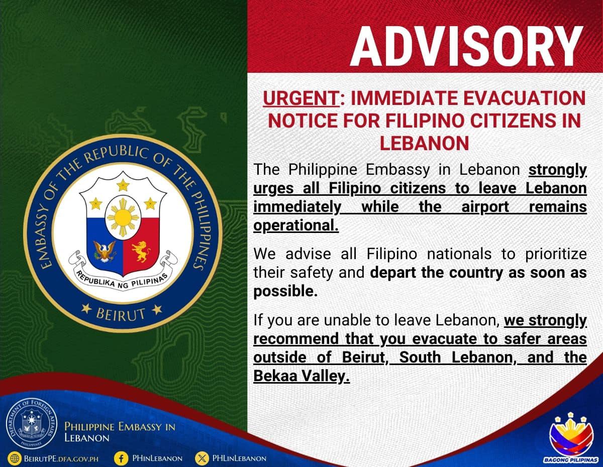 advisory to evacuate Lebanon to Pinoys by Philppine Embassy (2)