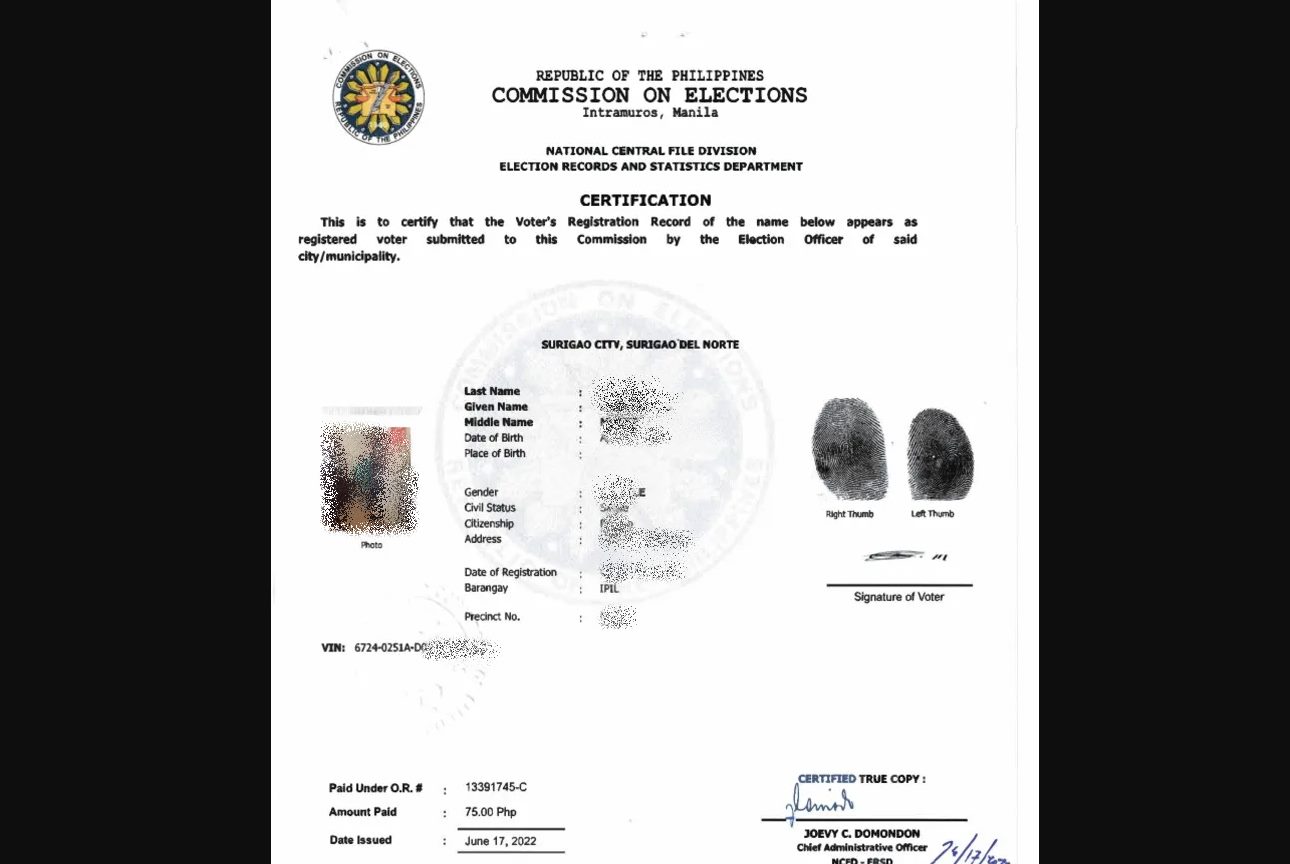 sample voters certificate comelec